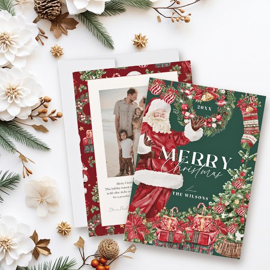Classic Santa Claus Christmas Tree Green Photo シーズンカード