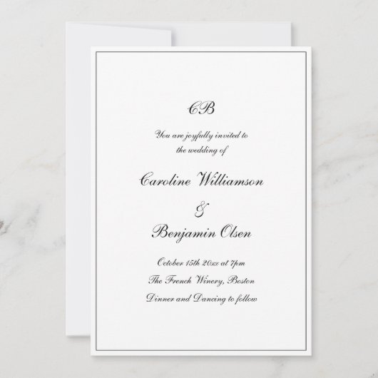 Classic Script Black White Formal Monogram Wedding 招待状 (正面)