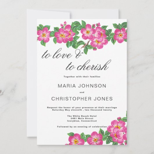 Classic script bright pink green floral wedding 招待状 (正面)