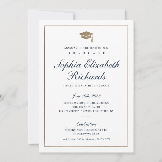 Classic Script Gold Photo Graduation Invitation 招待状 (正面)