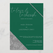 Classic script silver glitter jade green wedding 招待状 (正面)