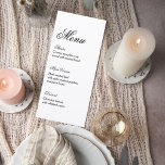 Classic Script Wedding Reception Menu メニュー<br><div class="desc">Present your wedding meal with timeless elegance using this classic wedding menu card design. Featuring a graceful script “Menu” header paired with refined typography, this minimalist layout creates a sophisticated presentation that complements formal and romantic wedding décor. The clean structure highlights each course—starter, main course, and dessert—allowing guests to easily...</div>