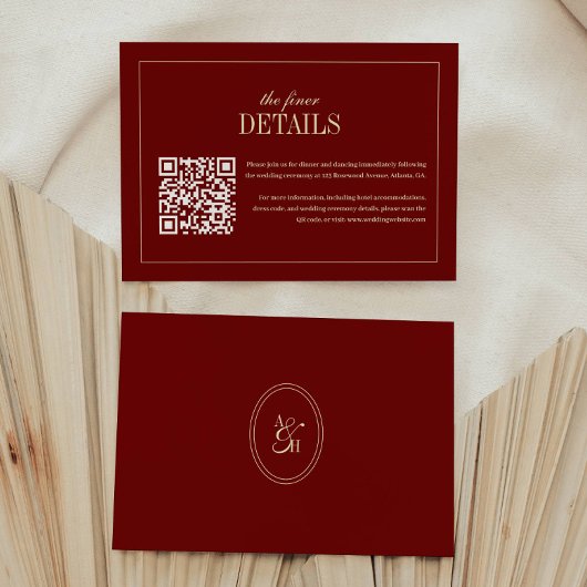 Classic Script Wine Red QR Code Wedding Details エンクロージャーカード
