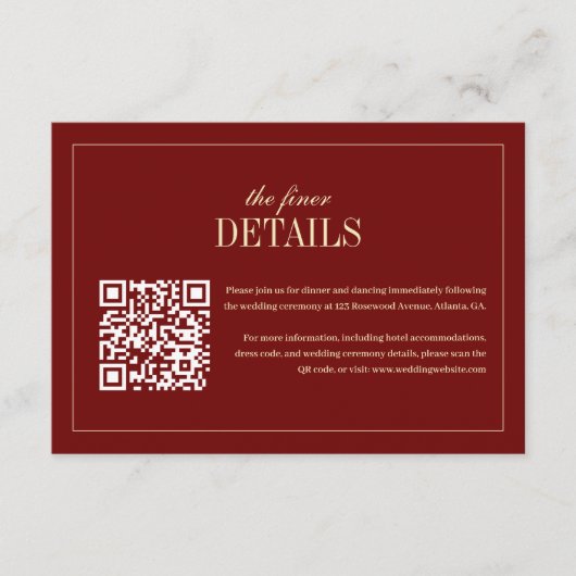 Classic Script Wine Red QR Code Wedding Details エンクロージャーカード (正面)