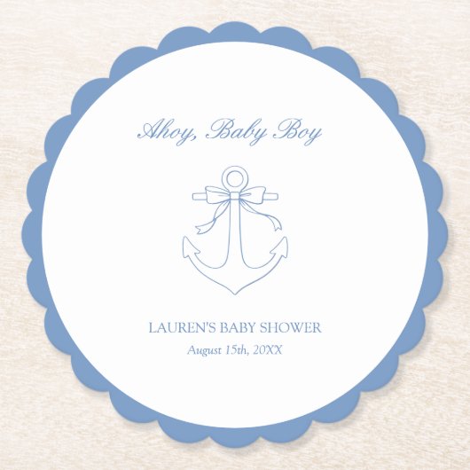 Classic Simple Ahoy Baby Boy Elegant Shower ペーパーコースター (正面)