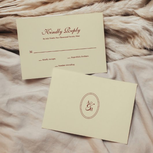 Classic Simple Script Ivory Cream Wedding Monogram 出欠カード