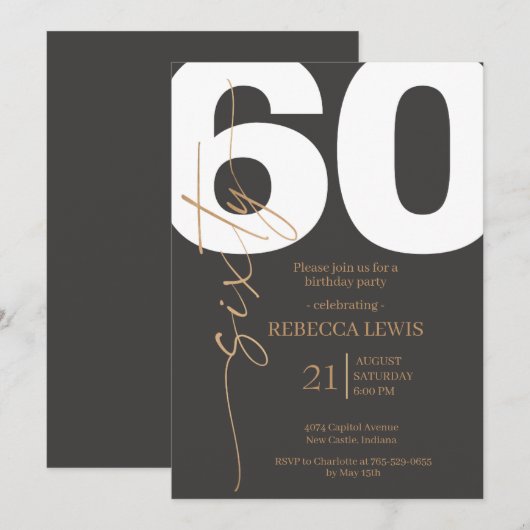 Classic Simple Sixty Modern Adult Birthday 招待状 (正面/裏面)