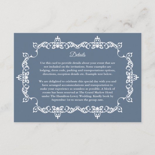 Classic Slate Blue Ornately Framed Wedding エンクロージャーカード (正面)