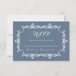 Classic Slate Blue Ornately Framed Wedding 出欠カード