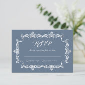 Classic Slate Blue Ornately Framed Wedding 出欠カード (スタンド正面)