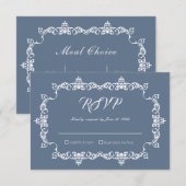 Classic Slate Blue Ornately Framed Wedding 出欠カード (正面/裏面)