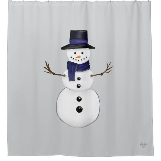 Classic Snowman with Dark Blue Scarf on Gray シャワーカーテン (正面)