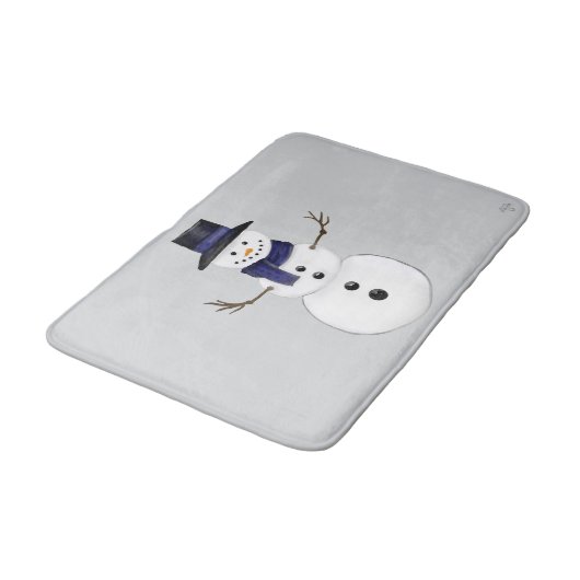 Classic Snowman with Dark Blue Scarf on Grey  バスマット (アングル)