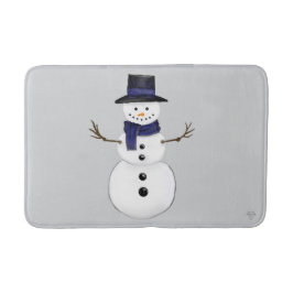 Classic Snowman with Dark Blue Scarf on Grey  バスマット