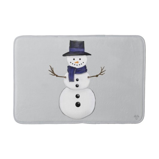 Classic Snowman with Dark Blue Scarf on Grey  バスマット (正面)
