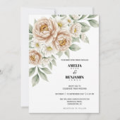 Classic Soft Beige Flowers Greenery Wedding 招待状 (正面)