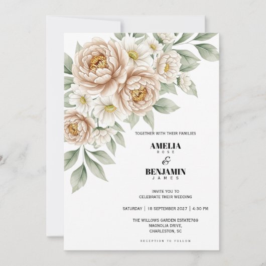 Classic Soft Beige Flowers Greenery Wedding 招待状 (正面)