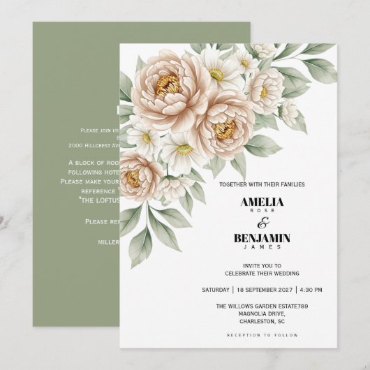 Classic Soft Beige Flowers Greenery Wedding 招待状 (正面/裏面)