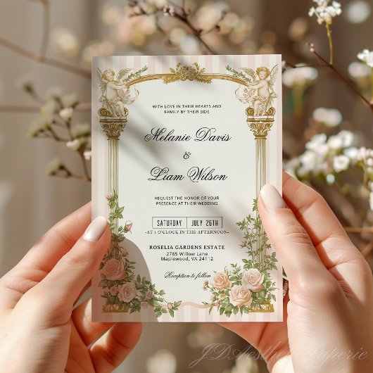 Classic Stripe & Blush Pink Floral Cherub Wedding 招待状
