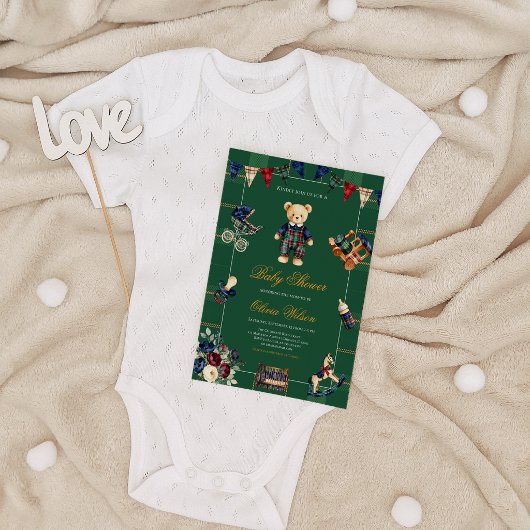 Classic Stripe Rustic Plaid Teddy Bear Baby Shower 招待状