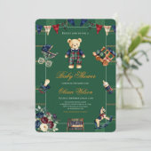 Classic Stripe Rustic Plaid Teddy Bear Baby Shower 招待状 (スタンド正面)