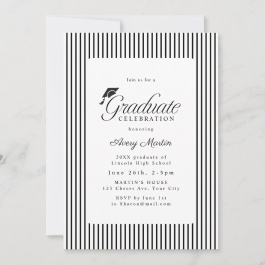 Classic Striped Elegance Script Photo Graduation 招待状 (正面)