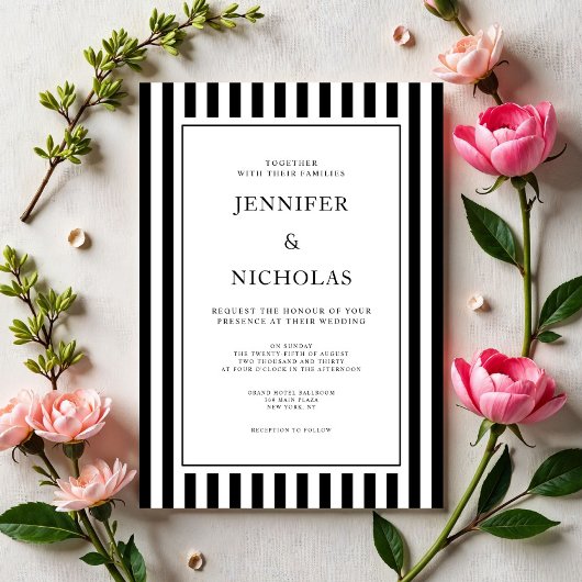 Classic Stripes Black And White Wedding 招待状