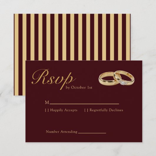 Classic Stripes Luxury Burgundy Gold Ring Wedding  出欠カード (正面/裏面)