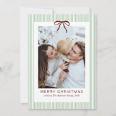 Classic Stripes Red Bow Frame Christmas Photo  シーズンカード (正面)
