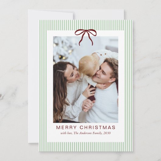 Classic Stripes Red Bow Frame Christmas Photo  シーズンカード (正面)