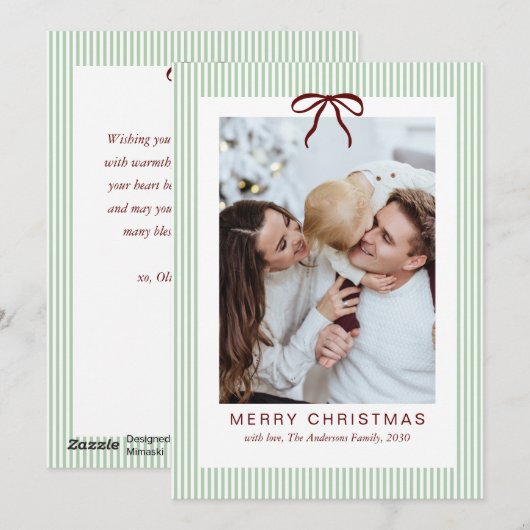 Classic Stripes Red Bow Frame Christmas Photo  シーズンカード (正面/裏面)