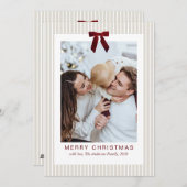 Classic Stripes Red Bow Frame Christmas Photo  シーズンカード (正面/裏面)