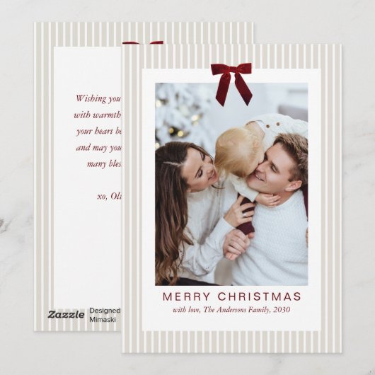 Classic Stripes Red Bow Frame Christmas Photo  シーズンカード (正面/裏面)