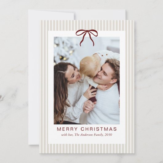 Classic Stripes Red Bow Frame Christmas Photo シーズンカード (正面)