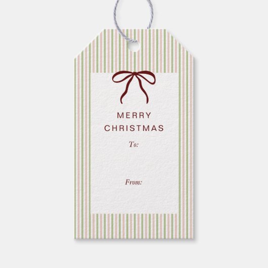 Classic Stripes Red Bow Merry Christmas ギフトタグ (正面)