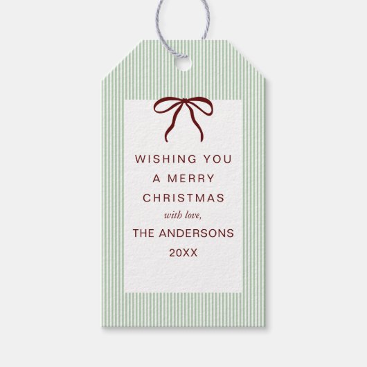 Classic Stripes Red Bow Merry Christmas ギフトタグ (正面)