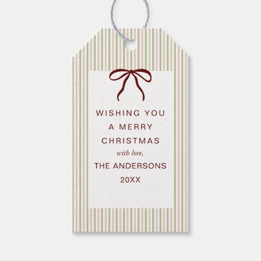 Classic Stripes Red Bow Merry Christmas ギフトタグ (正面)