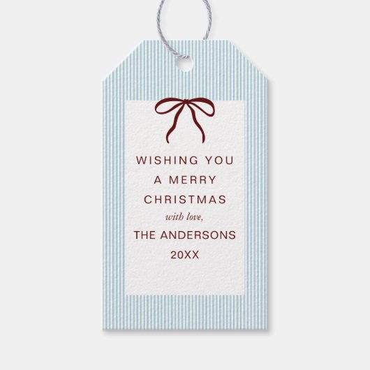 Classic Stripes Red Bow Merry Christmas ギフトタグ (正面)