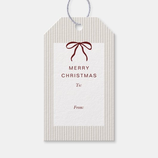 Classic Stripes Red Bow Merry Christmas ギフトタグ (正面)