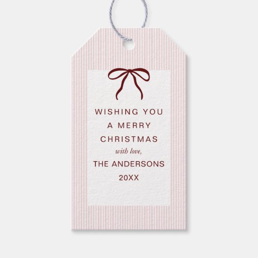 Classic Stripes Red Bow Merry Christmas ギフトタグ (正面)