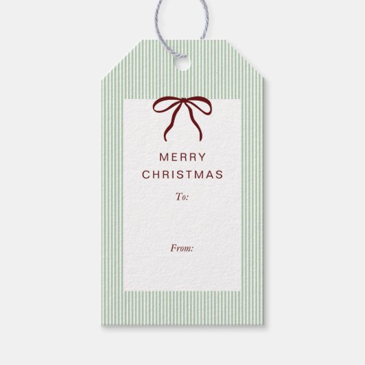 Classic Stripes Red Bow Merry Christmas ギフトタグ (正面)