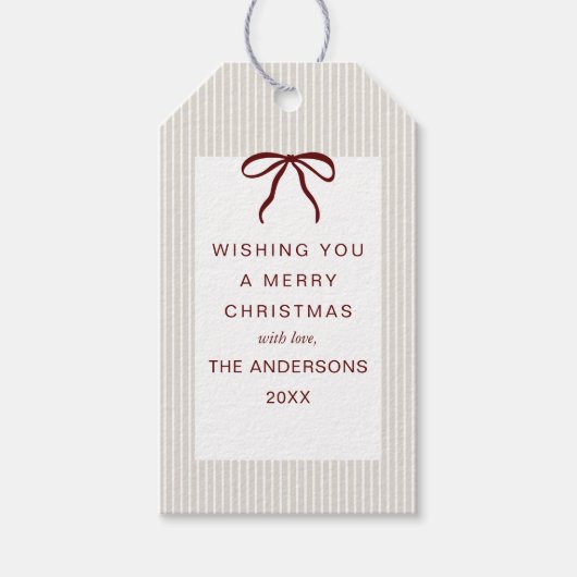 Classic Stripes Red Bow Merry Christmas ギフトタグ (正面)