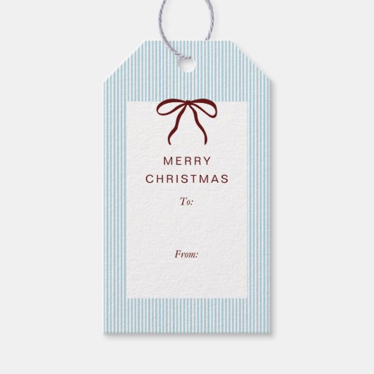 Classic Stripes Red Bow Merry Christmas ギフトタグ (正面)