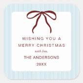 Classic Stripes Red Bow Merry Christmas スクエアシール (正面)