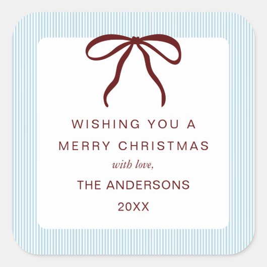 Classic Stripes Red Bow Merry Christmas スクエアシール (正面)