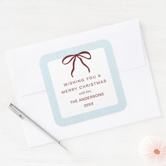 Classic Stripes Red Bow Merry Christmas スクエアシール (封筒)