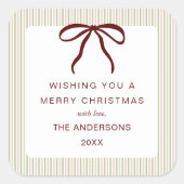 Classic Stripes Red Bow Merry Christmas スクエアシール (正面)