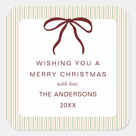 Classic Stripes Red Bow Merry Christmas スクエアシール (正面)