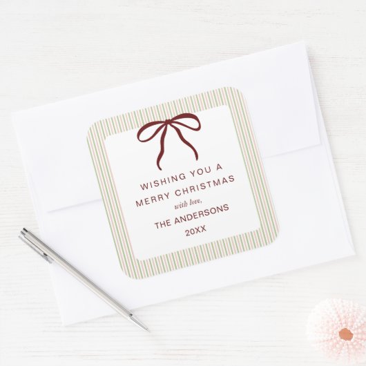 Classic Stripes Red Bow Merry Christmas スクエアシール (封筒)