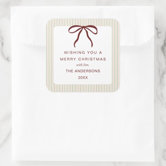 Classic Stripes Red Bow Merry Christmas スクエアシール (バッグ)